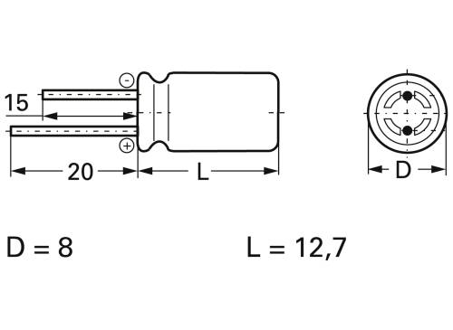 Rysunek techniczny cylindrycznego elementu z wymiarami: średnica 8 mm, długość 12,7 mm. Przedstawia podłączenia i odległości.