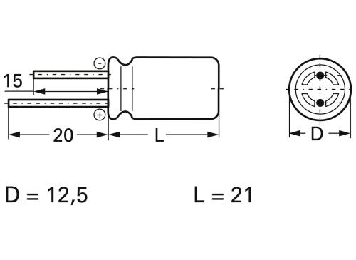 Rysunek techniczny elementu cylindrycznego o wymiarach: średnica 12,5 mm, długość 21 mm. Dwa przewody przyłączeniowe: 15 mm i 20 mm.