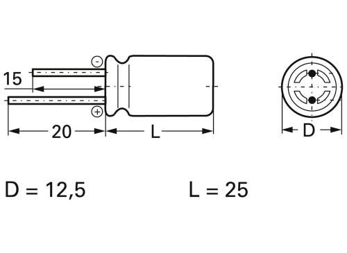 Schemat elektrycznego elementu cylindrycznego z bocznymi złączami. Wymiary: średnica (D) = 12,5 mm, długość (L) = 25 mm.