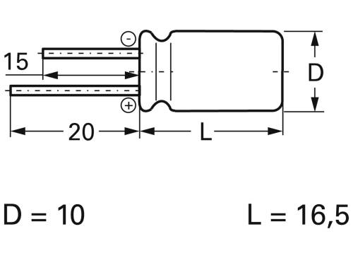 'Diagram elektronicznego elementu z wymiarami: średnica (D) = 10 mm, długość (L) = 16,5 mm. Długości nóżek 15 mm i 20 mm.'