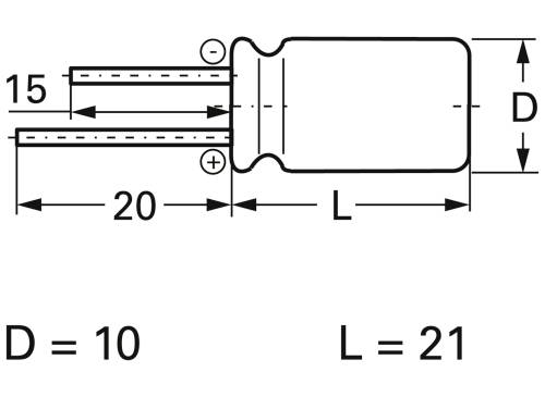 Diagram cylindrycznego kondensatora: Długość (L) 21 mm, średnica (D) 10 mm. Końcówki przyłączeniowe: 20 mm i 15 mm długie.