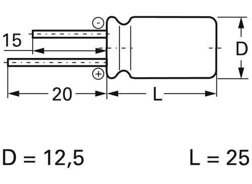 Schemat cylindrycznej komponenty z podanymi wymiarami: D = 12,5 mm, L = 25 mm. Dwa przewody przyłączeniowe, jeden o długości 15 mm, drugi o długości 20 mm.