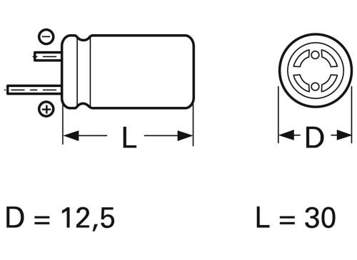 Wymiary elementu cylindrycznego: Średnica (D) = 12,5 mm, długość (L) = 30 mm. Przedstawiono widok z boku i widok końca.