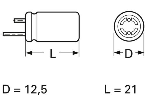 Diagram cylindrycznego przedmiotu z wymiarami: średnica (D) wynosi 12,5, a długość (L) wynosi 21.