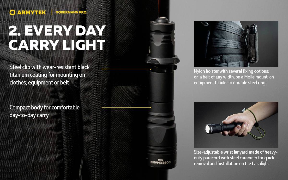 'ARMYTEK DOBERMANN PRO' Latarka, idealna do codziennego użytku. Solidna konstrukcja z różnymi możliwościami mocowania.