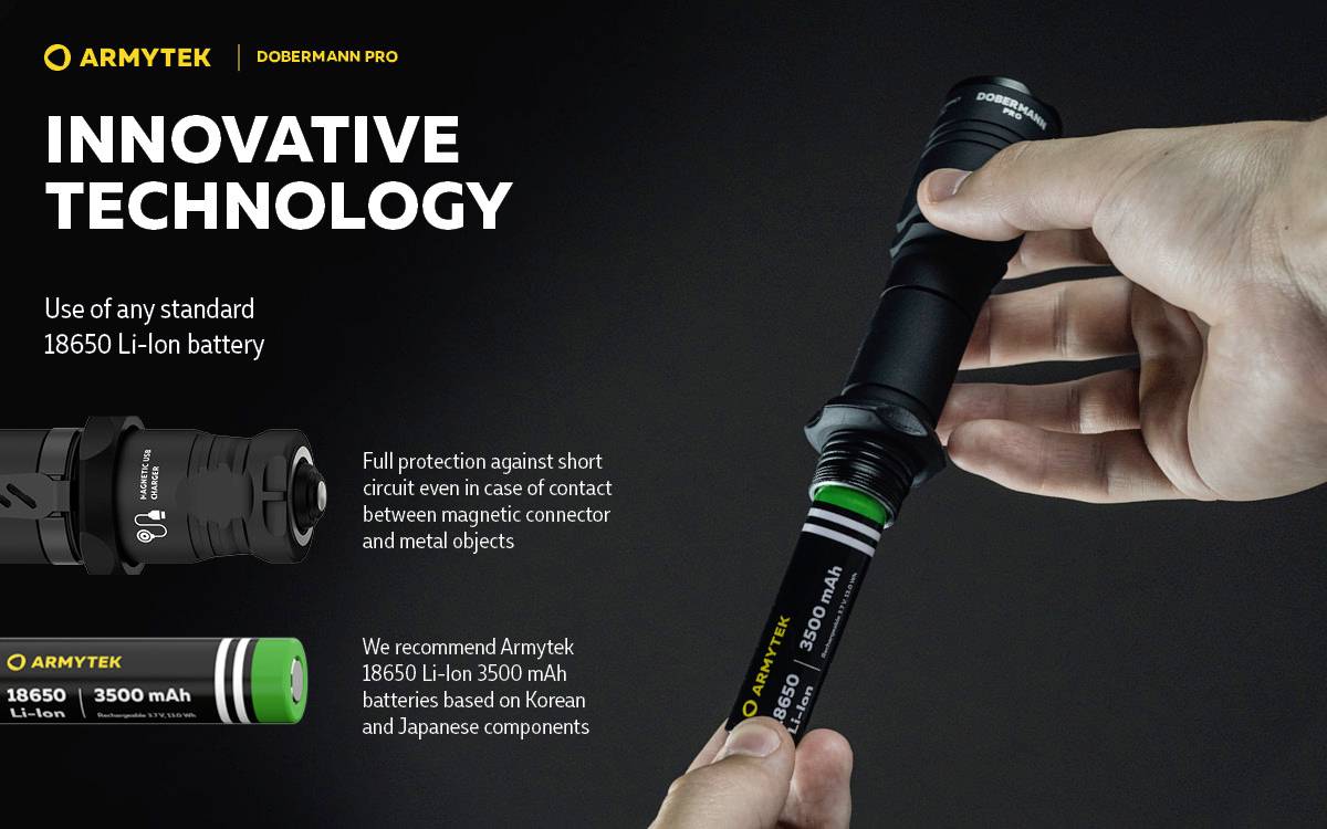 Latarka Armytek, model Dobermann Pro, wyposażona w akumulator litowo-jonowy 18650. Tekst podkreśla innowacyjną technologię i ochronę przed zwarciem.