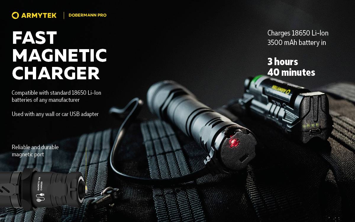 Szybka ładowarka do akumulatorów Li-Ion 18650, ładowanie 3500 mAh w czasie 3 godzin 40 minut. Kompatybilna z każdym adapterem USB. Solidne połączenie magnetyczne.