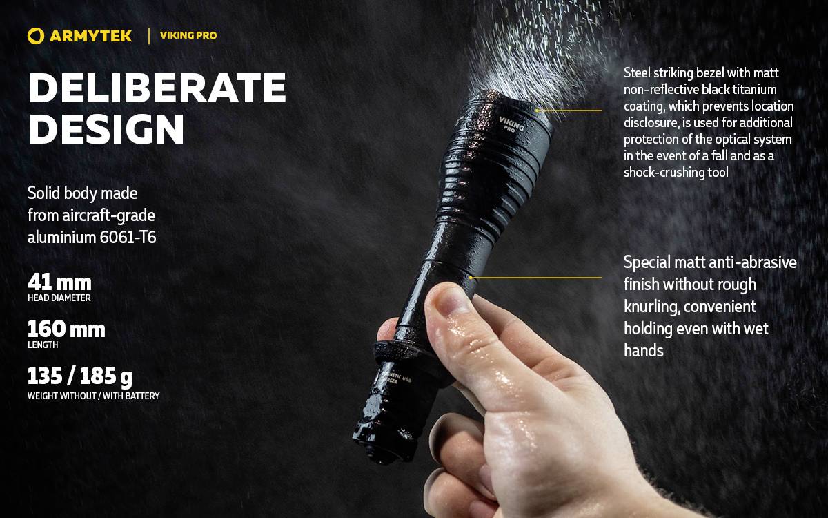 'Przemyślany Design': Dłoń trzymająca wodoodporną latarkę, powłoka odporna na wodę, wykonana z aluminium, solidna, o smukłej sylwetce.