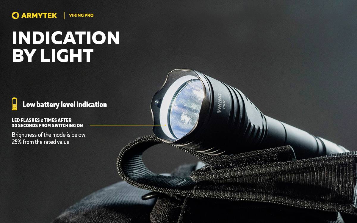 Latarka z wskaźnikiem niskiego stanu baterii. Dioda LED miga 2 razy po 10 sekundach. Jasność poniżej 25% wartości nominalnej.