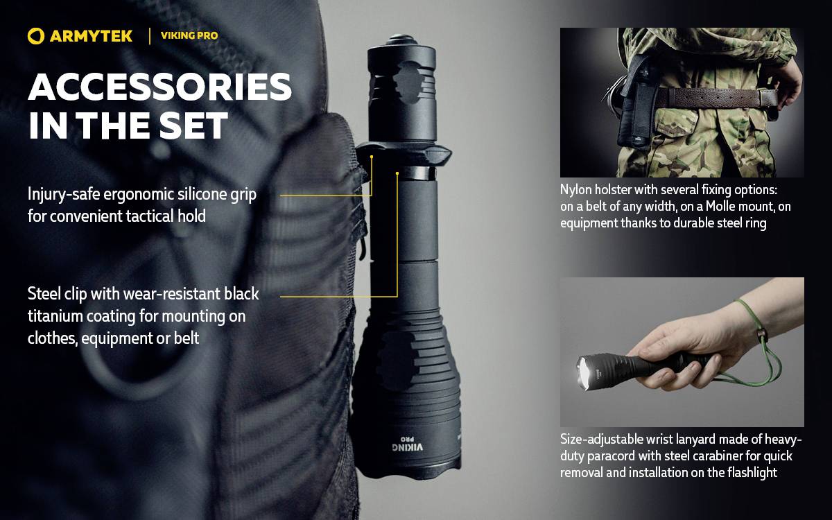 'AKCESORIA W ZESTAWIE' - Zdejmowana latarka z ergonomicznym uchwytem, stalowy klips, uchwyt na pasek i pętla paracordowa.