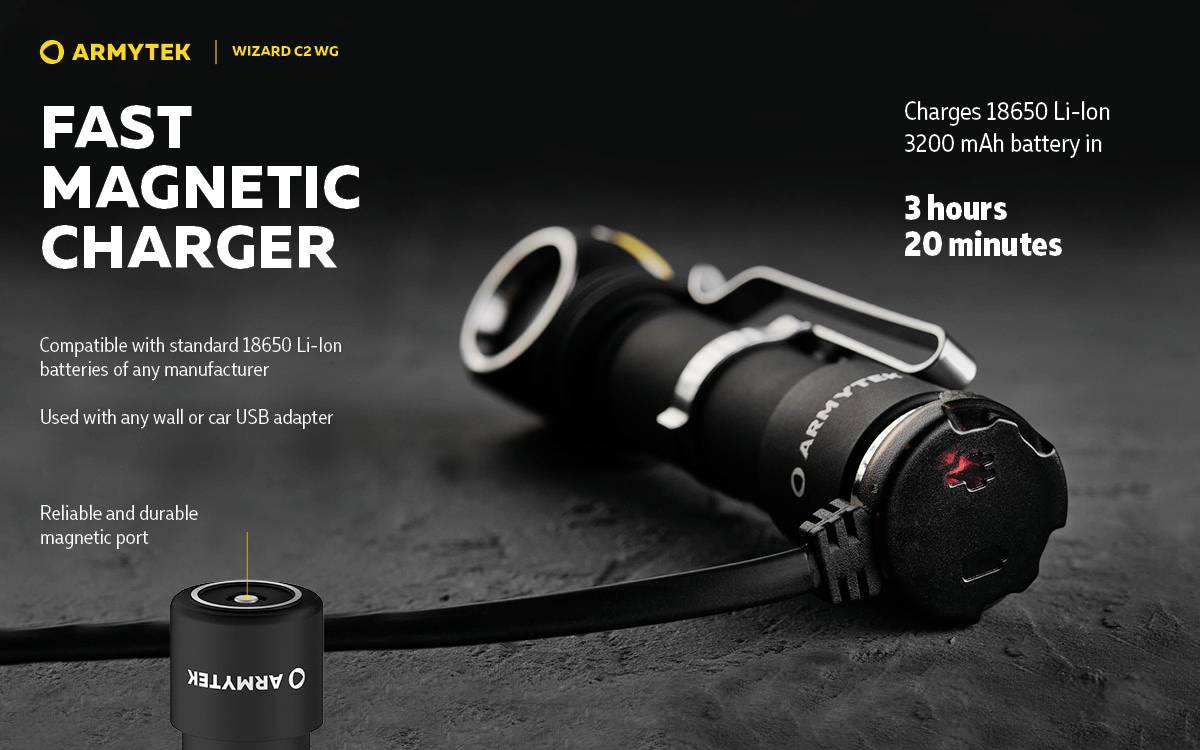 Latarka 'Armytek Wizard C2 WG' z 'Fast Magnetic Charger', ładuje baterię 18650 Li-Ion w 3 godziny 20 minut.