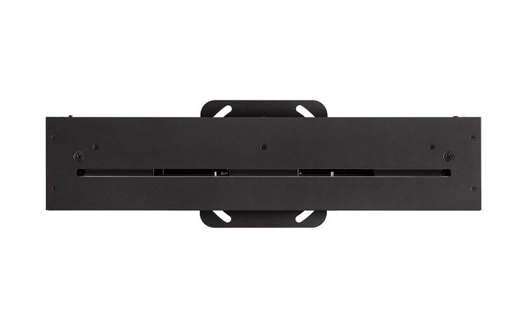 Czarna prostokątna płyta metalowa z centralnym wycięciem, prawdopodobnie stanowiąca element urządzenia technicznego lub elektronicznego.