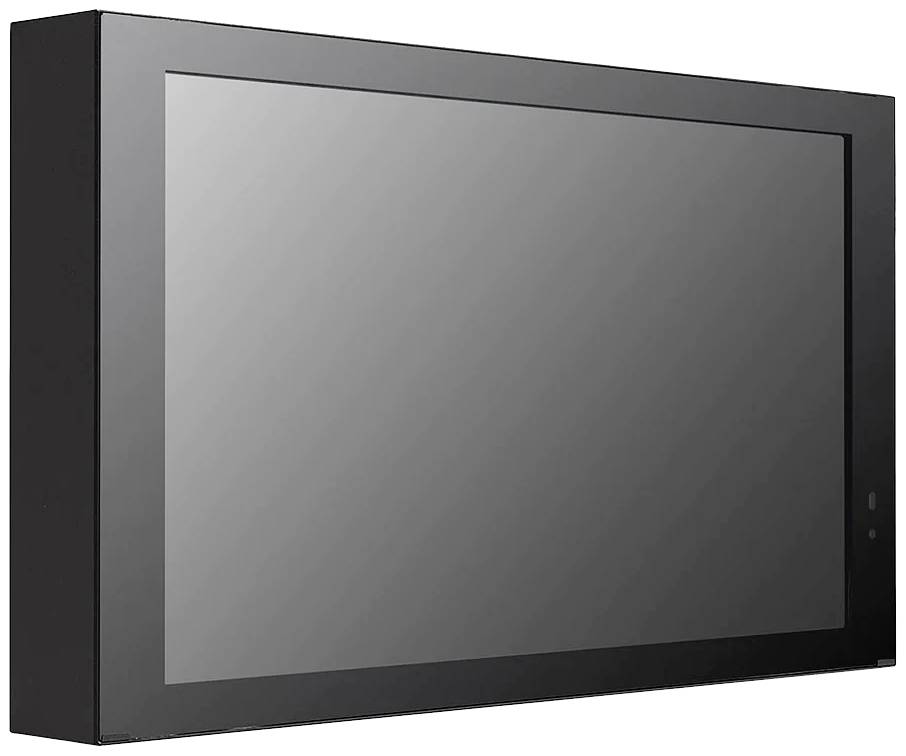 Duży, czarny ekran płaski z błyszczącym wyświetlaczem, umieszczony w ciemnej obudowie, znajduje się w centrum obrazu.