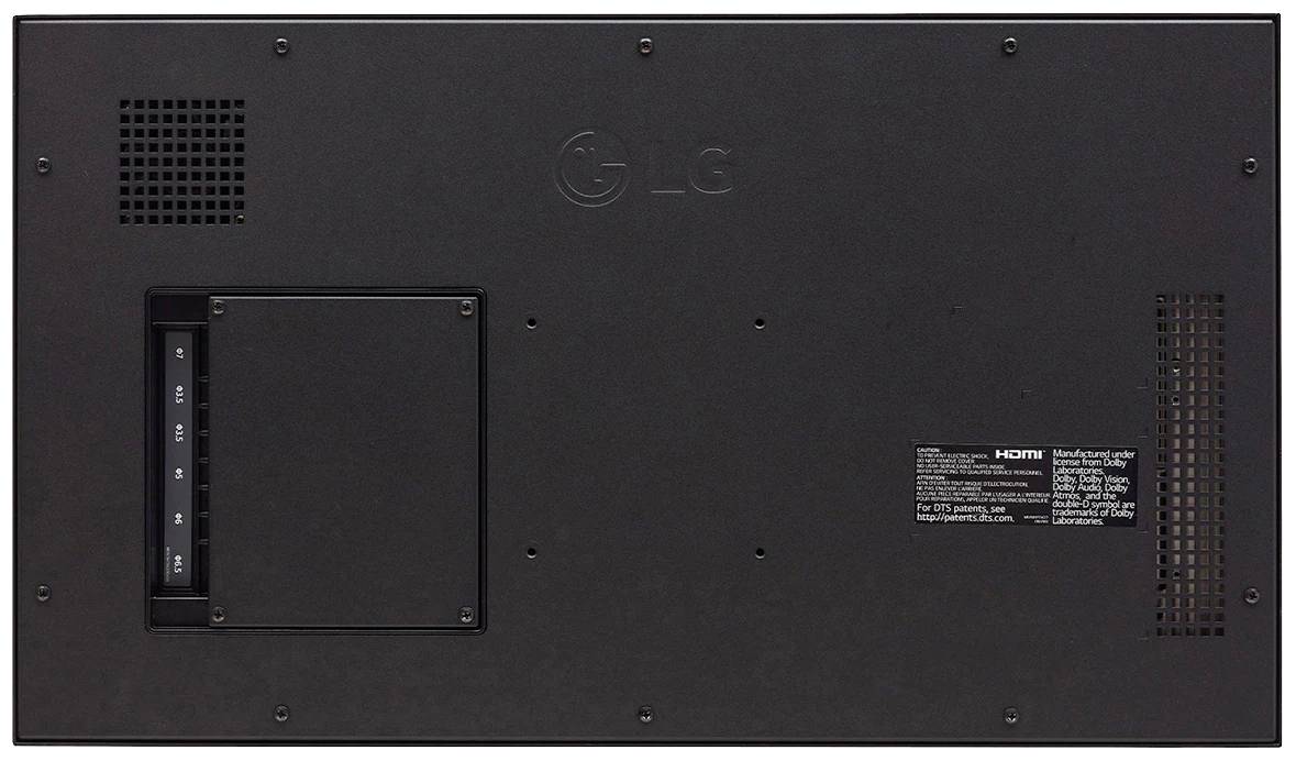Tylna część czarnego telewizora z płaskim ekranem. Widoczne są złącze HDMI oraz panel sterowania. Na środku znajduje się logo.