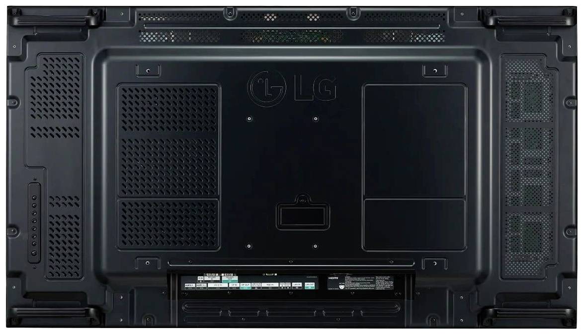 Tylna strona telewizora LG z otworami wentylacyjnymi i złączami. Etykiety i tabliczka znamionowa znajdują się w dolnej części.