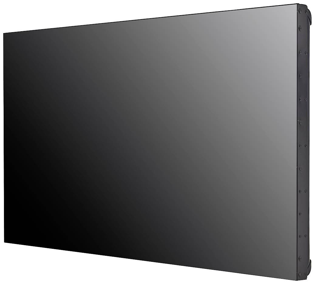 Duży, czarny, prostokątny ekran z lekkim efektem połysku, przedstawiony z boku na szarym tle.
