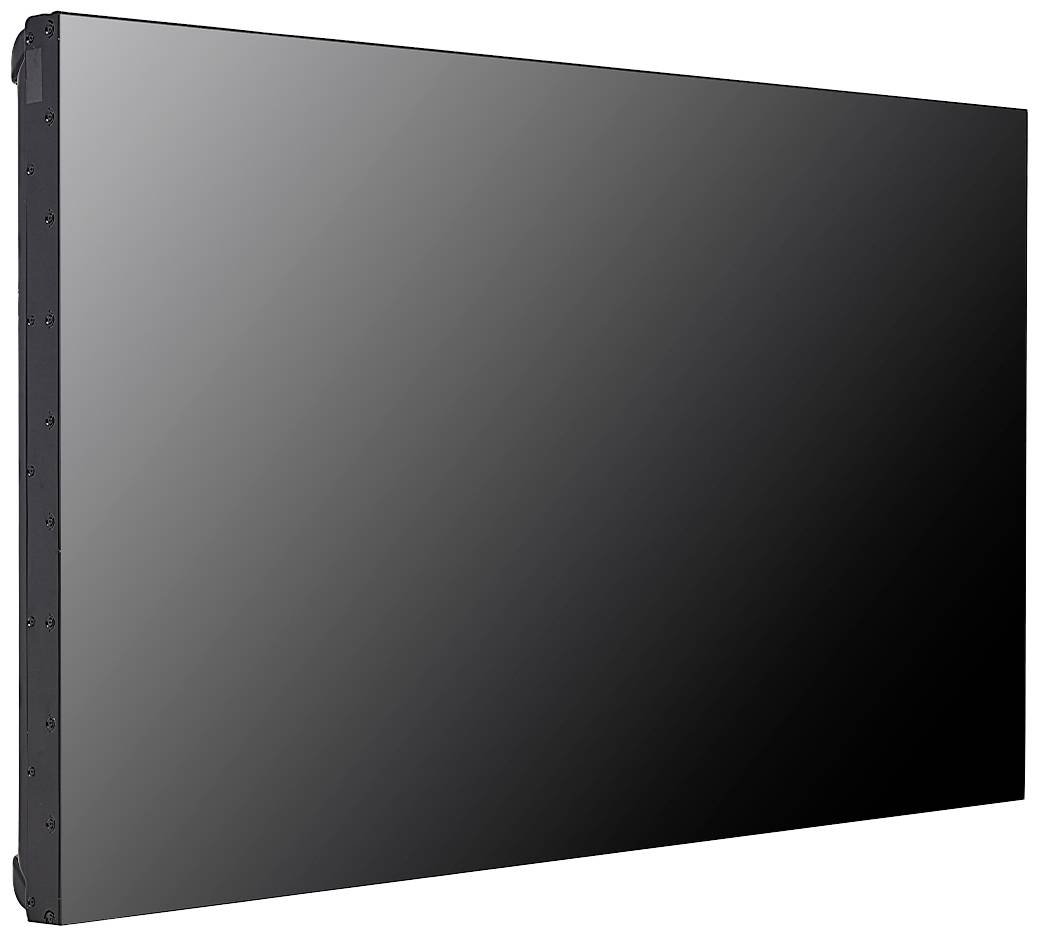 Czarny prostokątny ekran z cienką ramką, lekko pochylony w lewą stronę, na białym tle.