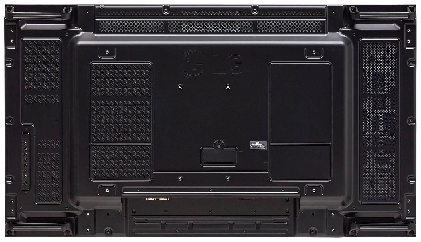 Widok z tyłu dużego telewizora plazmowego z wieloma otworami wentylacyjnymi oraz złączami w lewym dolnym rogu. Brak rozpoznawalnych marek.