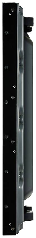 Widok boczny wąskiego, prostokątnego urządzenia z kilkoma śrubami wzdłuż krawędzi.