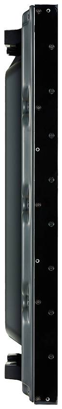 Widok z boku szczupłego urządzenia elektronicznego z czarną obudową i wieloma punktami przyłączeniowymi.