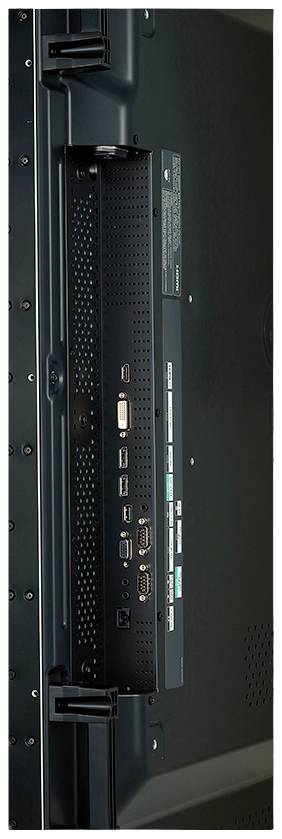 Tył monitora z widocznymi różnymi złączami, w tym HDMI, VGA i USB.