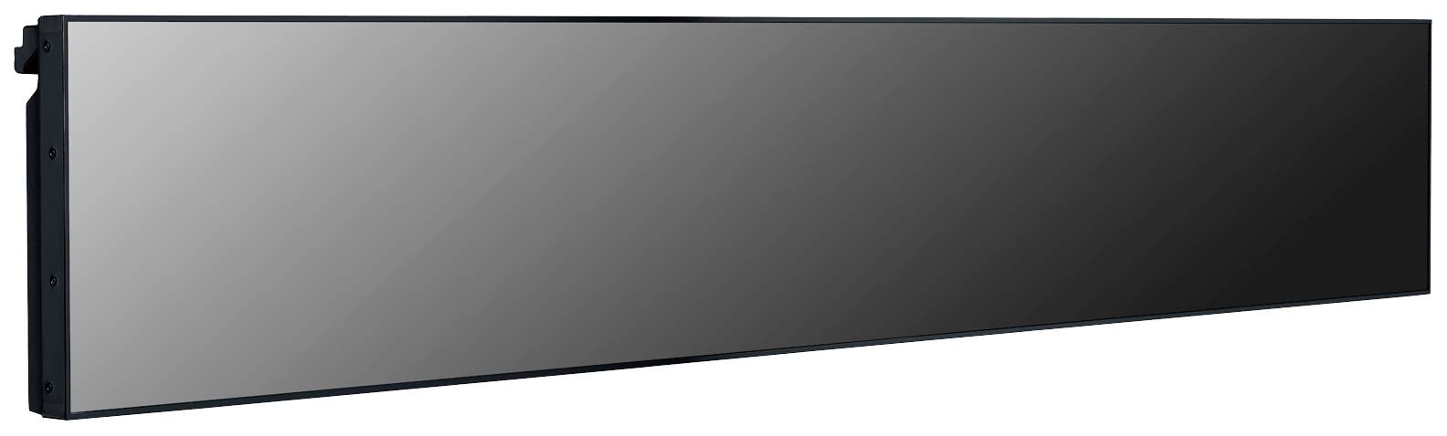 Prostokątny, długi, czarny ekran, prawdopodobnie wyświetlacz cyfrowy lub tablica informacyjna, bez widocznej treści.