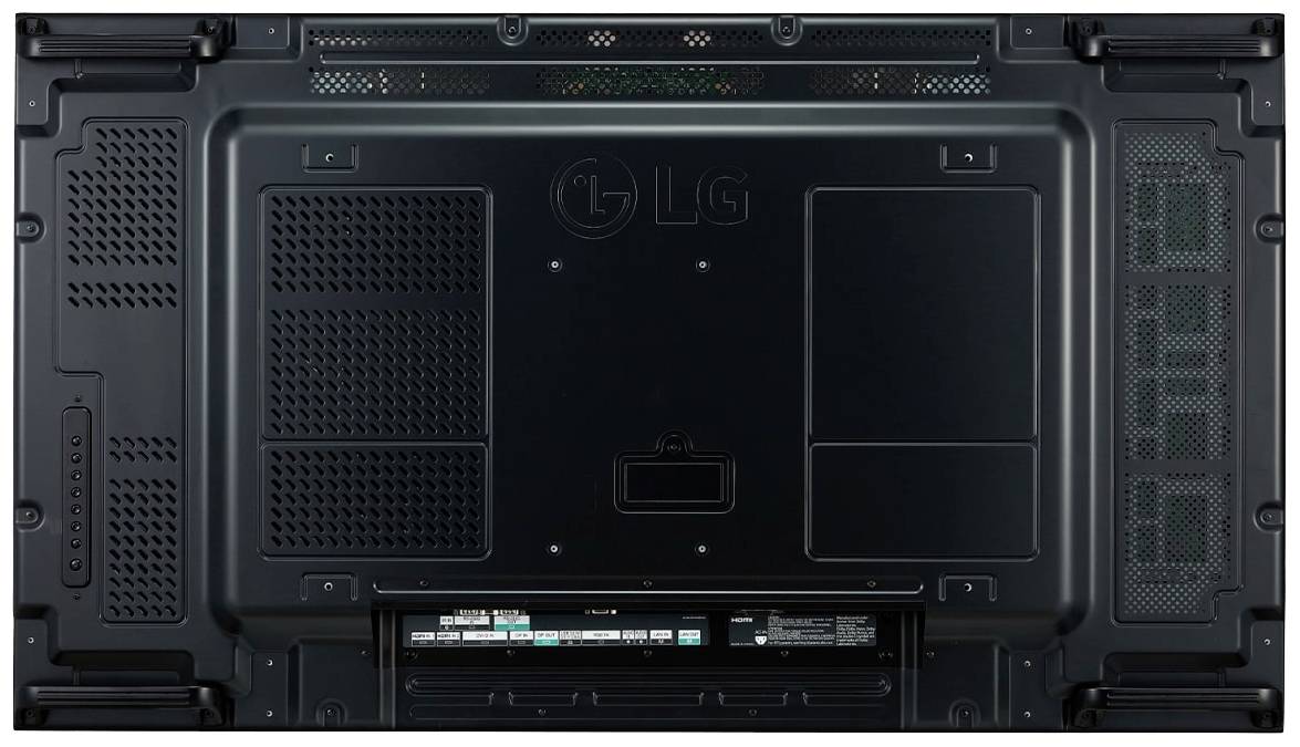 Tylna strona dużego telewizora LG z kratkami wentylacyjnymi, złączami i informacjami producenta.