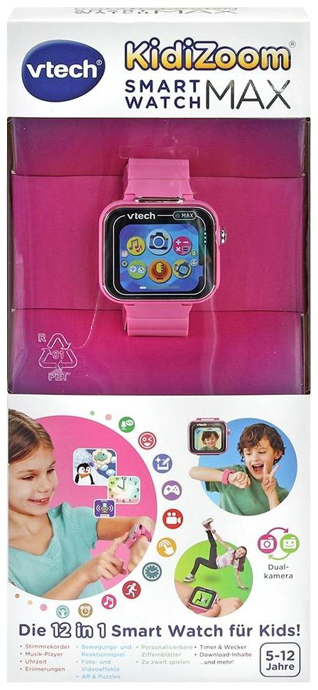 Opakowanie różowego VTech KidiZoom Smart Watch MAX dla dzieci. Zawiera przykłady aplikacji i funkcji, przeznaczony dla dzieci w wieku 5-12 lat.