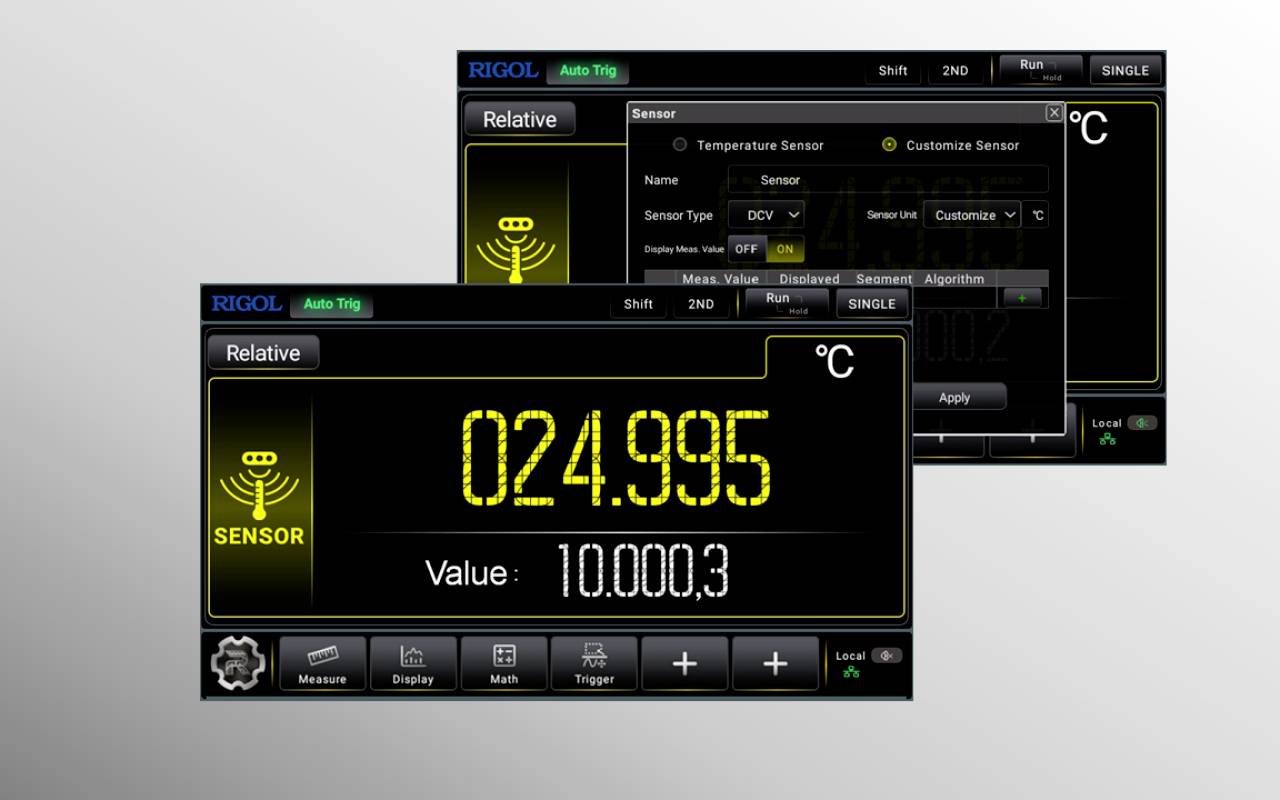 'Ekrany urządzenia z wyświetlaczem czujnika. Główny wyświetlacz pokazuje wartość 24,995°C. Obraz pomocniczy z ustawieniami czujnika temperatury.'