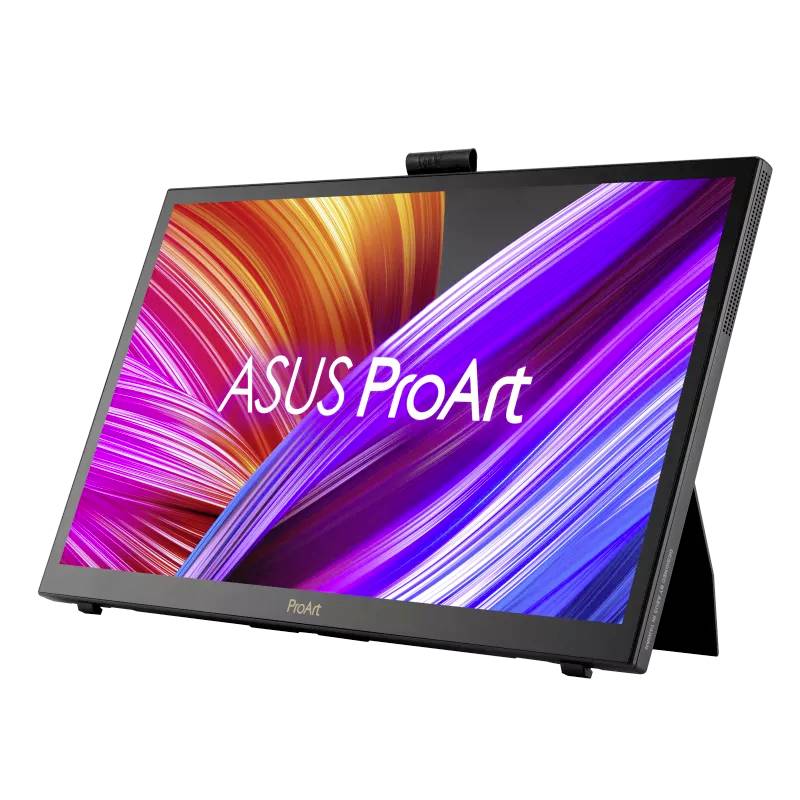 Monitor ASUS ProArt z jaskrawymi, kolorowymi grafikami na ekranie. Monitor jest ustawiony pod skosem.