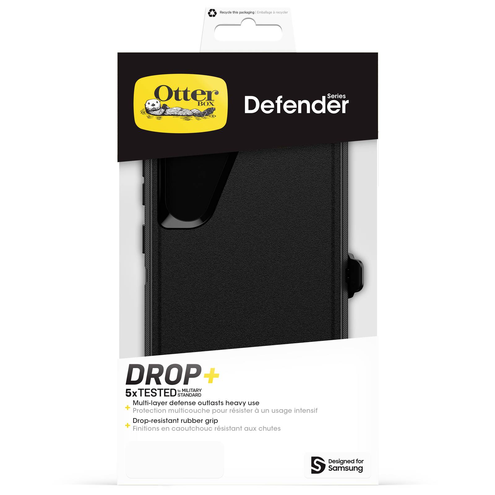 Opakowanie etui OtterBox Defender Series do Samsung, przedstawiające czarną obudowę ochronną z wielowarstwowym systemem zabezpieczeń.