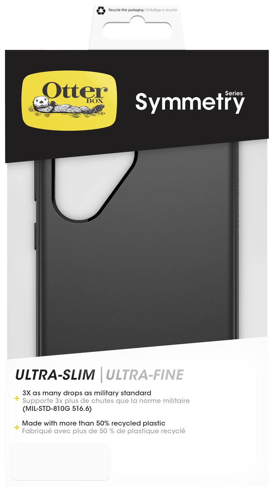 Ultracieniutkie czarne etui na telefon marki OtterBox, seria Symmetry, z zawartością ponad 50% materiału z recyklingu. Pokazano opakowanie.