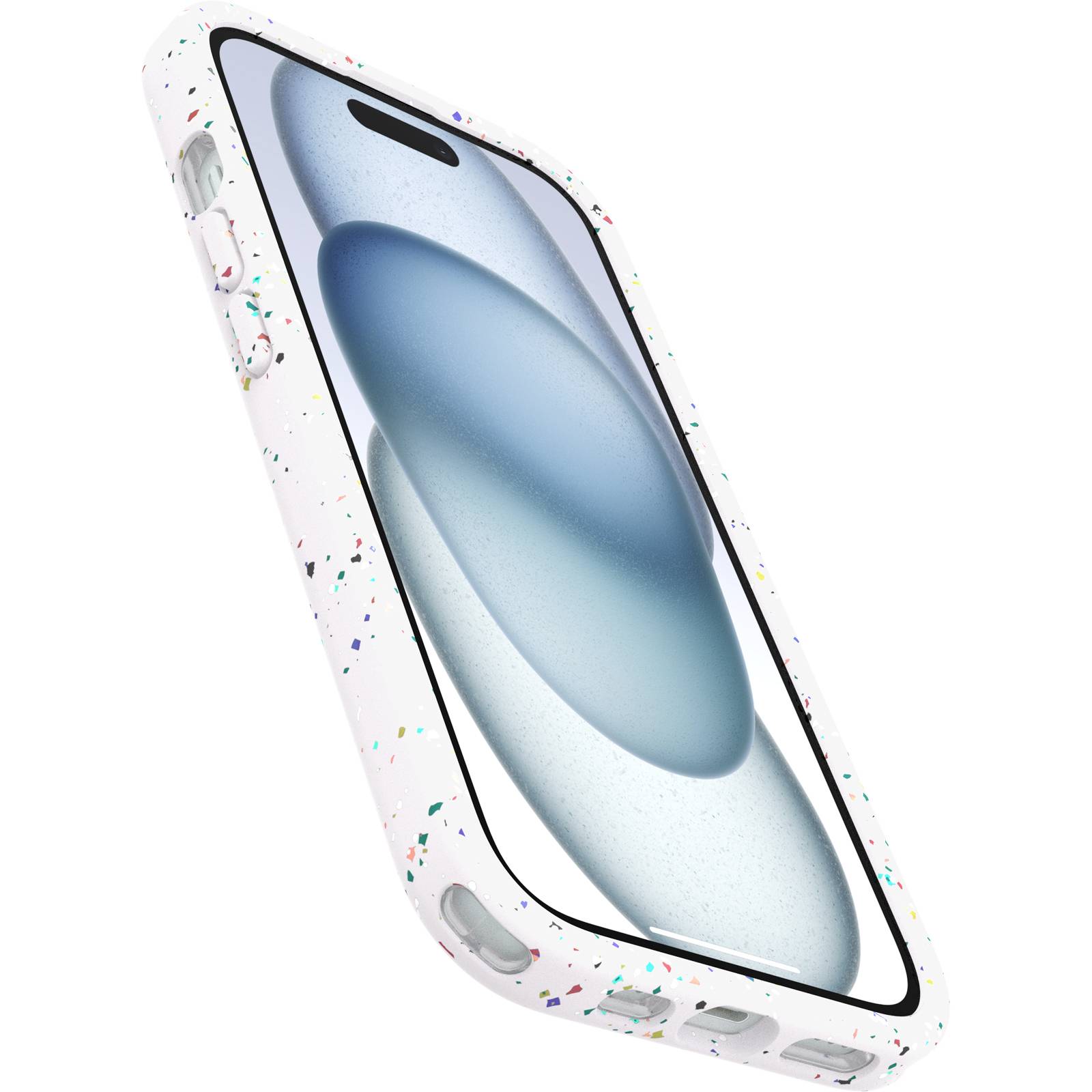 Smartfon z białą obudową pokrytą kolorowymi plamkami. Na ekranie widać niebiesko-szary, abstrakcyjny wzór.