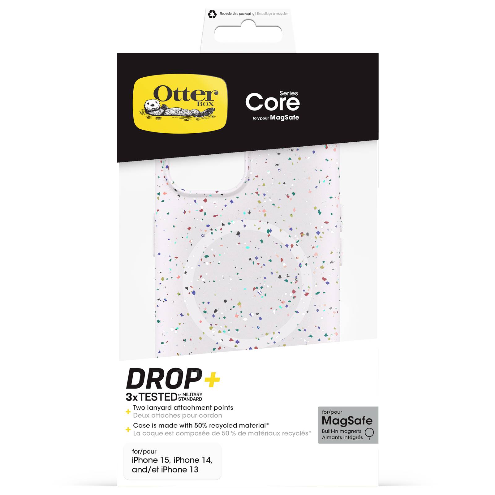 Etui OtterBox w przezroczystej obudowie z kolorowymi plamkami, kompatybilne z modelami iPhone, prezentowane w opakowaniu sprzedażowym.