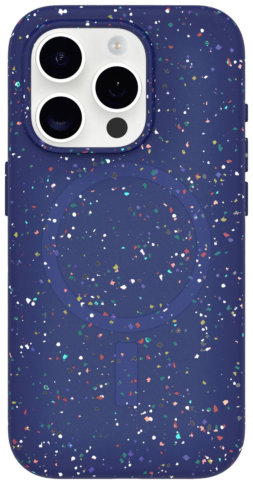 Etui na smartfona w ciemnoniebieskim kolorze z kolorowym, plamkowym wzorem. Widoczne trzy okrągłe wycięcia na kamerę oraz okrągły pierścień magnetyczny.