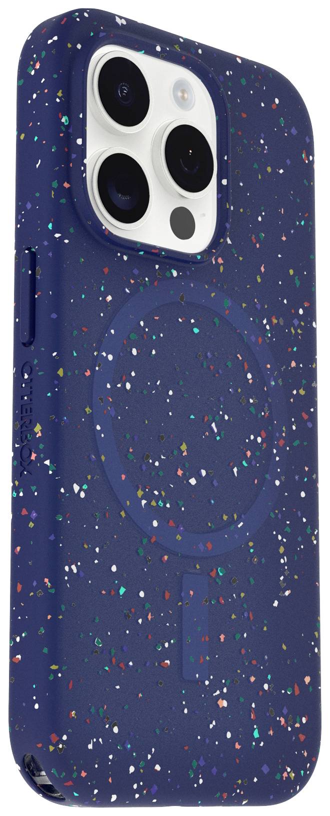 Ciemnoniebieskie etui na telefon z kolorowymi plamkami i okrągłą magnetyczną podstawką do ładowania bezprzewodowego na tylnej stronie.