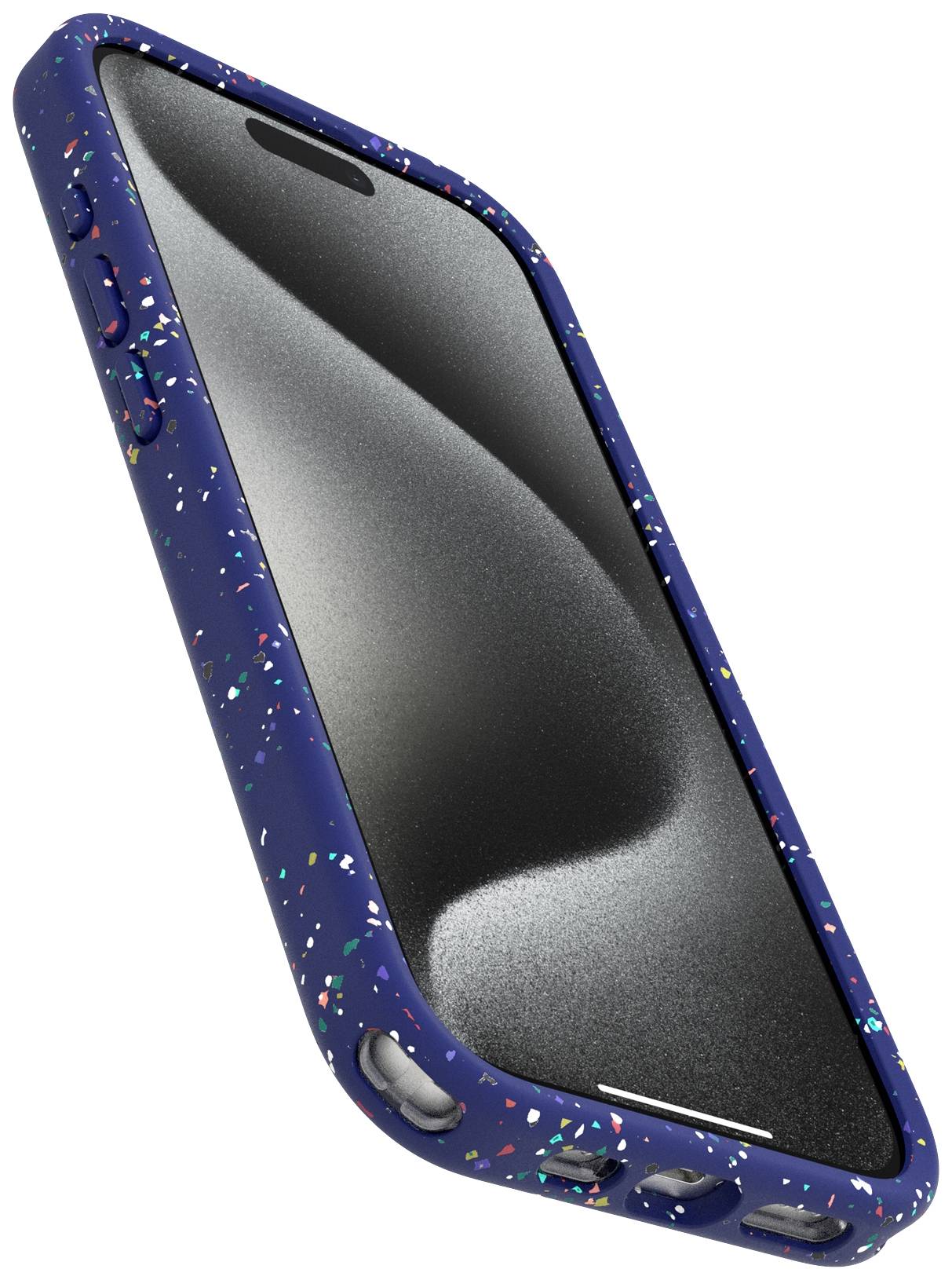 Prosta obudowa telefonu na niebieskim tle z kolorowymi plamkami. Ekran smartfona prezentuje ciemny, nieaktywny wyświetlacz.