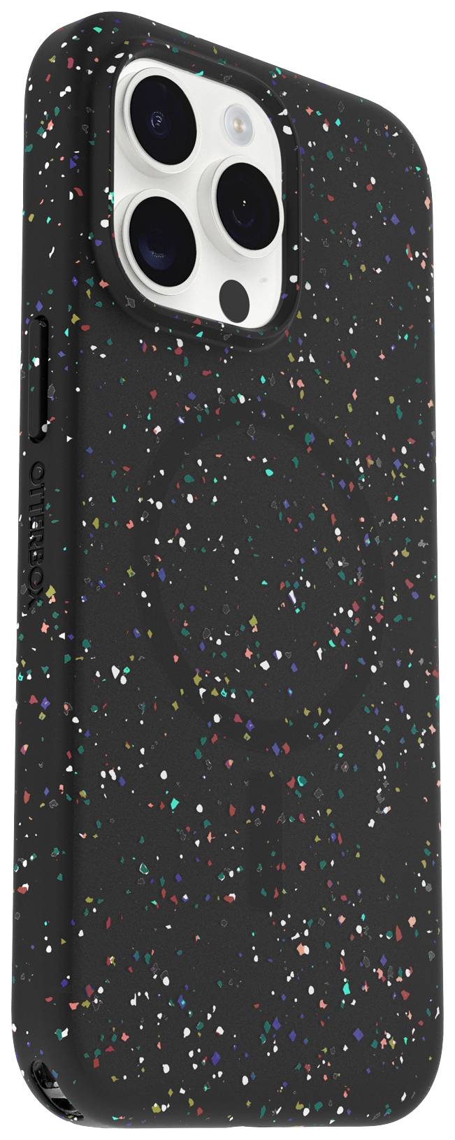 Czarne etui na smartfona z kolorowym wzorem w kropki, odpowiednie dla telefonu z podwójnym aparatem i lampą błyskową.