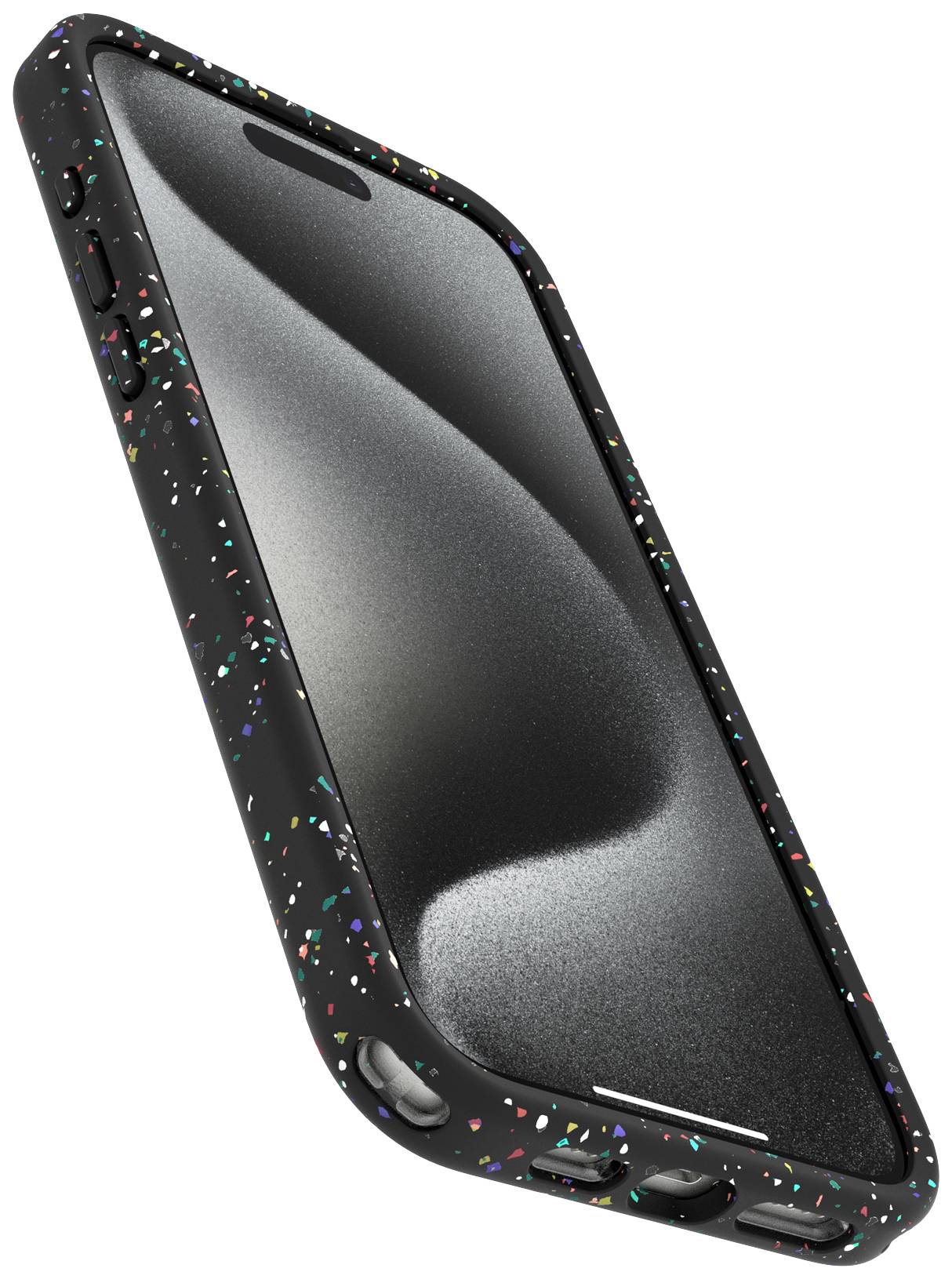 Smartfon z czarną, wielobarwnie nakrapianą obudową ochronną, sfotografowany z boku, ekran wyświetla wzór przypominający chmury.