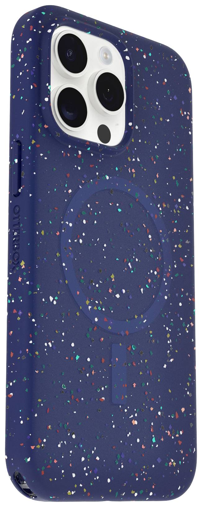 Niebieskie etui na telefon z kolorowymi plamkami i okrągłymi wycięciami na aparat i ładowarkę na białym tle.