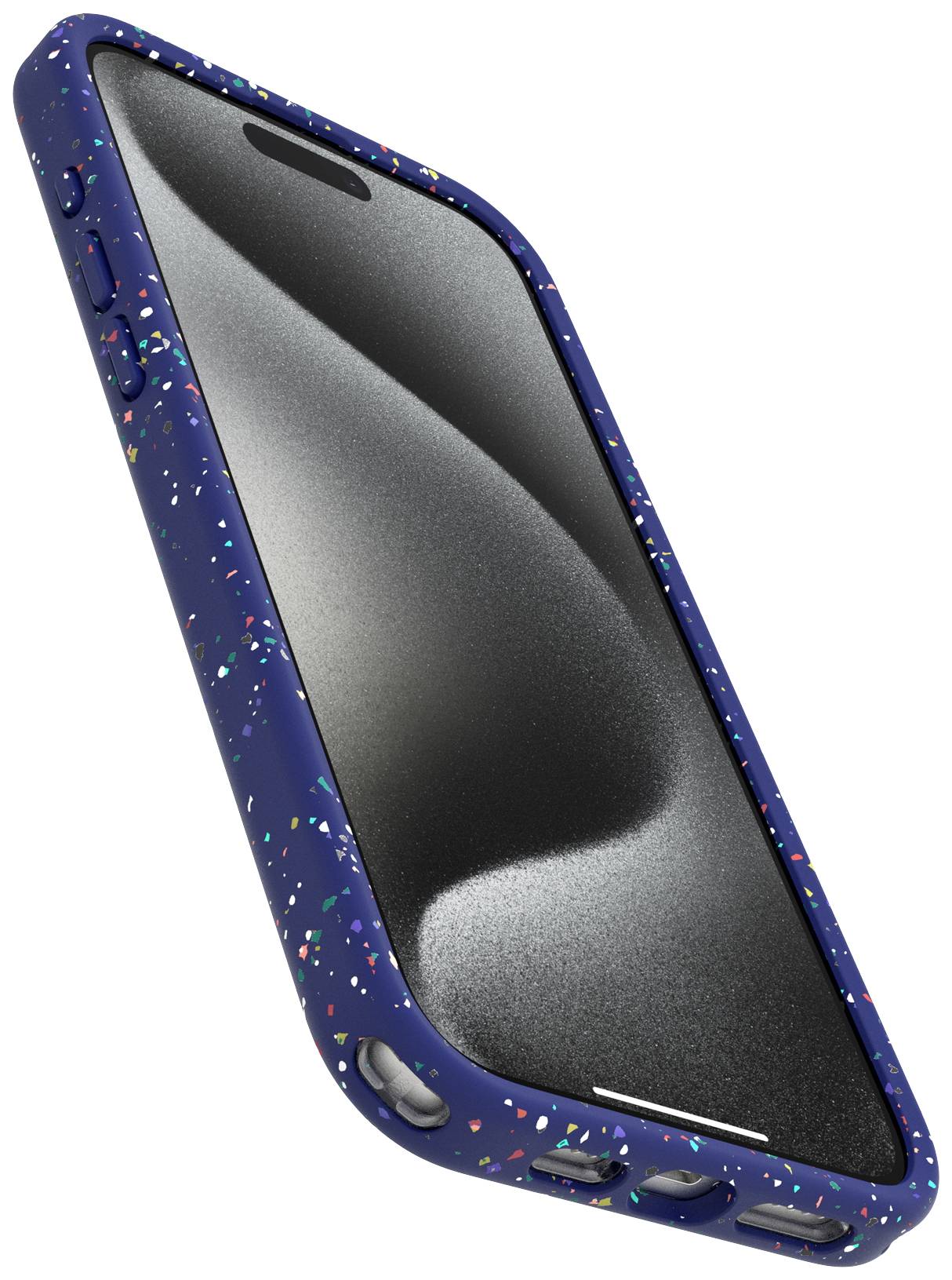 Smartfon z obudową w ciemnoniebieskim, wielobarwnie nakrapianym kolorze, sfotografowany pod skosem z boku. Na ekranie widoczne są odblaski światła.