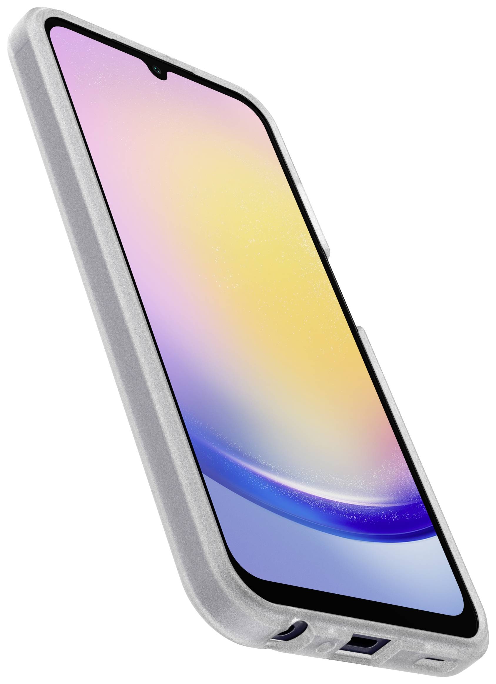 Smartfon w etui, widziany pod skosem. Na ekranie wyświetlany jest gradient koloru od żółtego do niebieskiego.