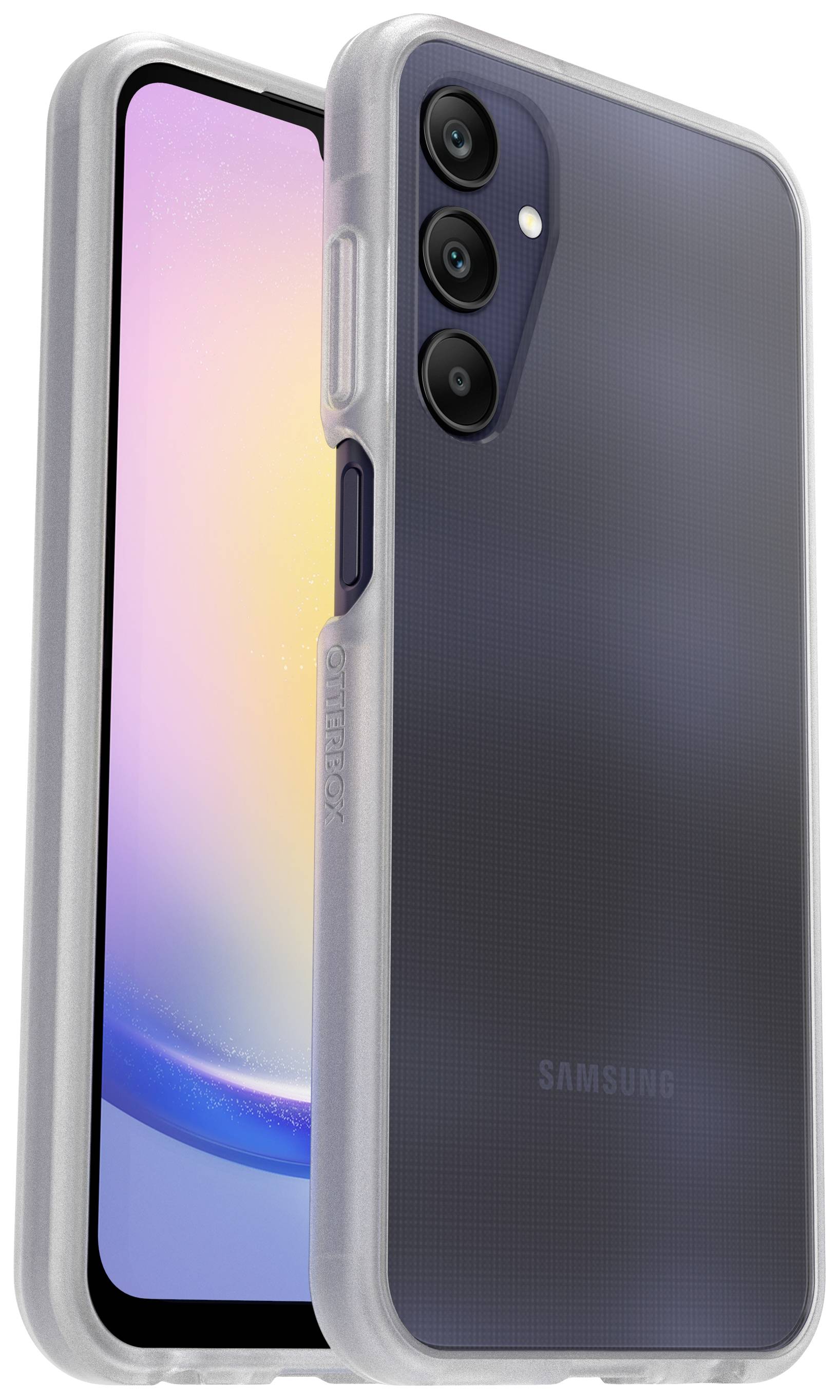 Smartfon z przezroczystą obudową ochronną. Tylna strona prezentuje potrójny aparat. Przednia strona ukazuje ekran z kolorowym tłem.