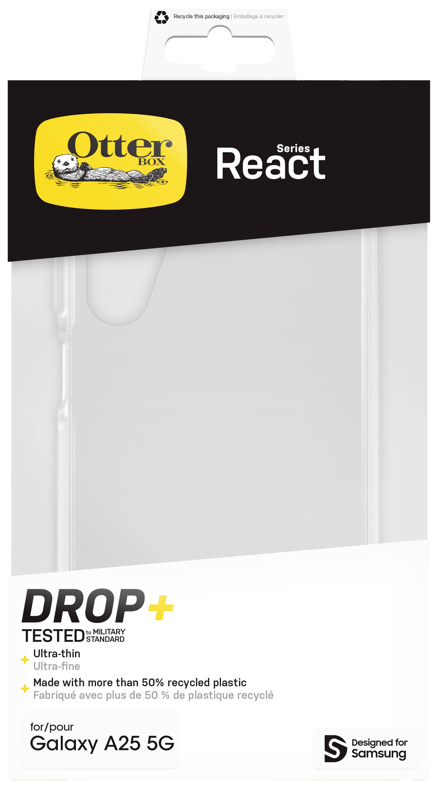 Etui OtterBox React dla Galaxy A25 5G: ultracieniutkie, testowane w warunkach upadków, wykonane w ponad 50% z przetworzonych tworzyw sztucznych, do Samsunga.