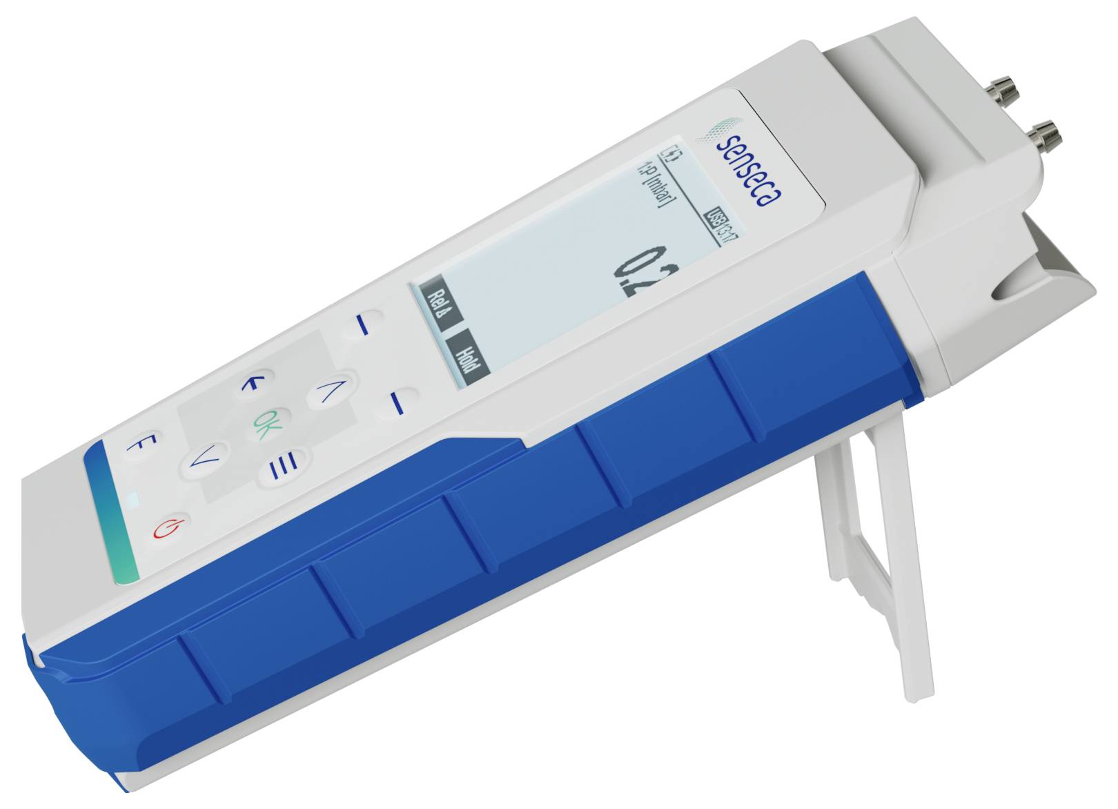 Przenośne urządzenie elektroniczne z wyświetlaczem cyfrowym, przyciskami i podstawką, pokazujące pomiary i symbole jednostek na ekranie.