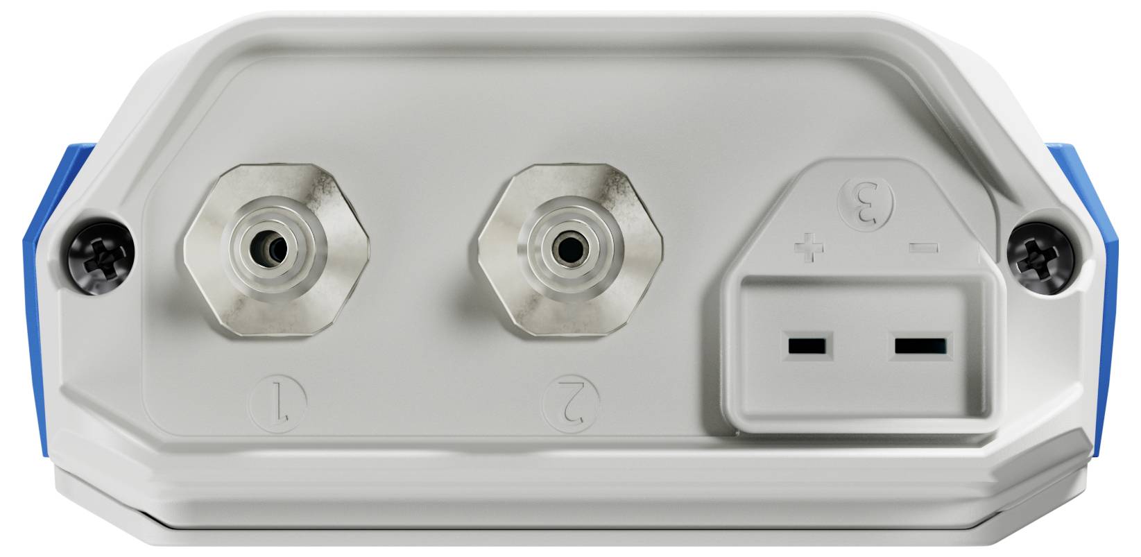 'Zbliżenie panelu urządzenia z dwoma okrągłymi złączami oznaczonymi literami D i G oraz prostokątnym gniazdem z symbolami plus i minus.'