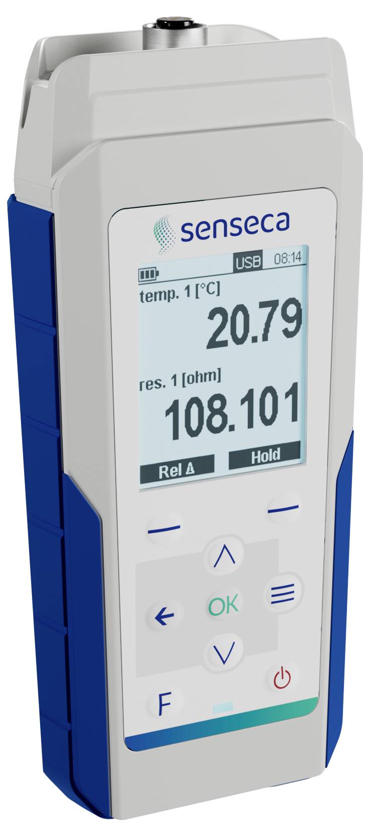 Ręczne urządzenie elektryczne wyświetlające temperaturę jako '20,79°C' i rezystancję jako '108,101 om', z etykietą 'senseca'.