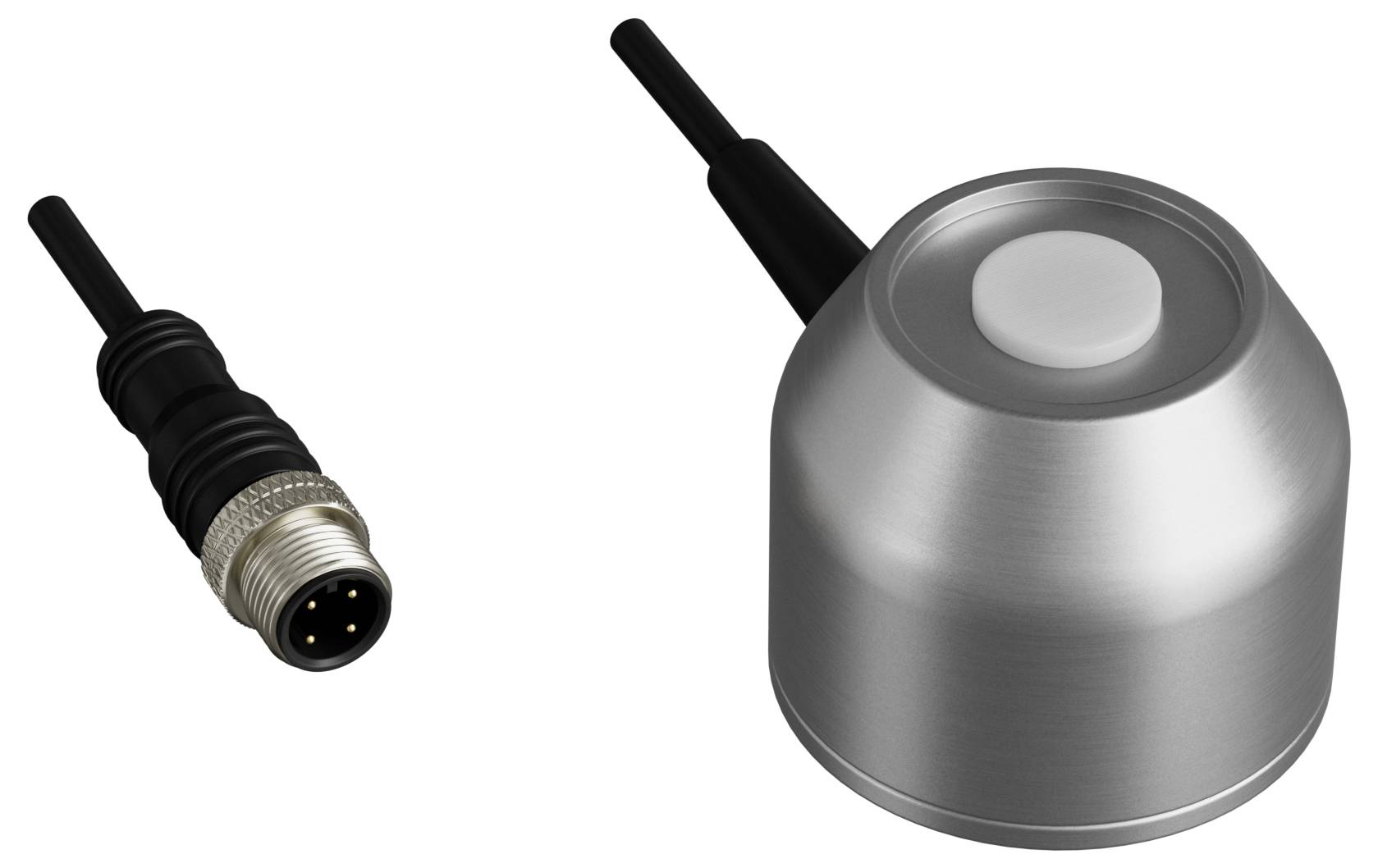 Metalowa obudowa czujnika z czarnym przewodem i okrągłym przyciskiem, obok których znajduje się zdejmowalny wtyk z wieloma stykami.