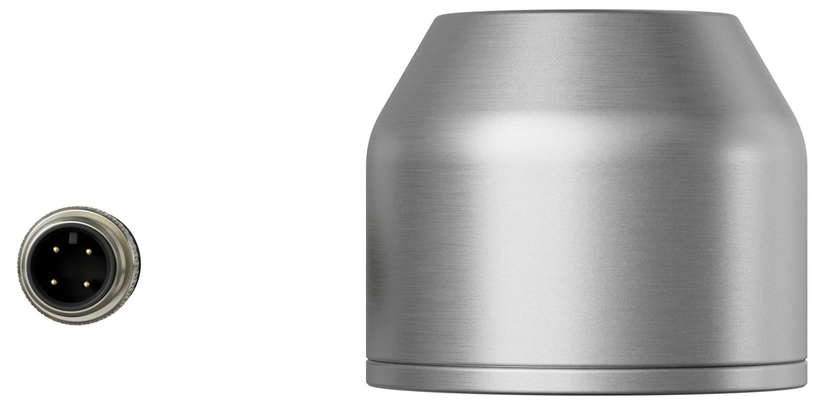 Cylindryczny, srebrny metalowy korpus po prawej stronie oraz mniejszy, okrągły elektryczny złącz po lewej stronie prezentują element techniczny.