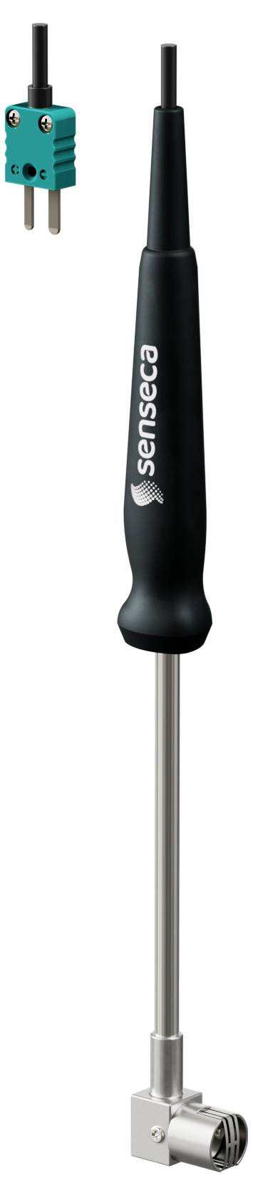 Przedstawiony jest ręczny czujnik temperatury z metalową sondą i czarnym uchwytem; osobno wyświetlony jest zielono-czarny złącz termopary typu T.